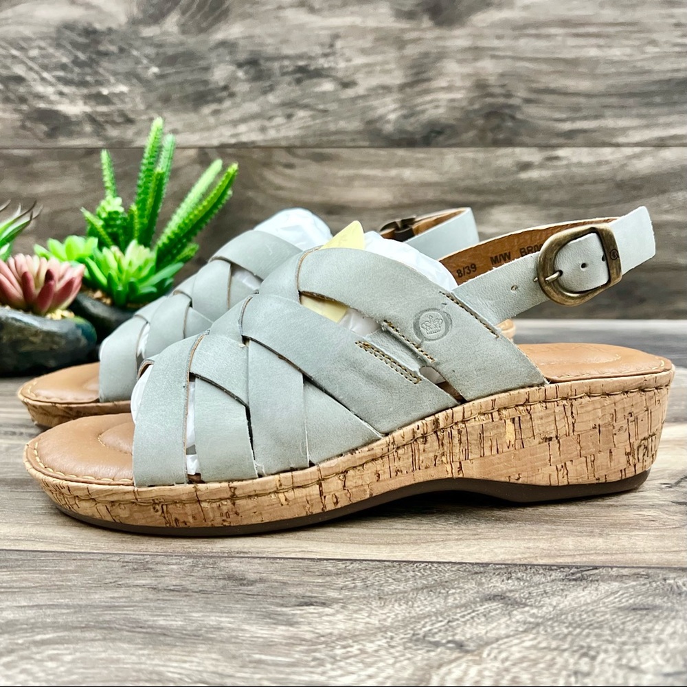 NIB Born Laila Strappy Slingback Wedge Leather Sandal Light Blue 8M 39 - Picture 4 of 13